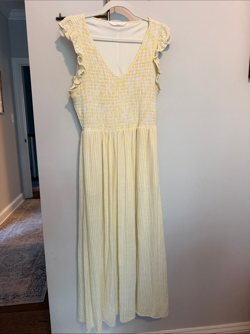 LC Lauren Conrad Pale Yellow Stripe Smocked Maxi Dress with Ruffle Sleeves